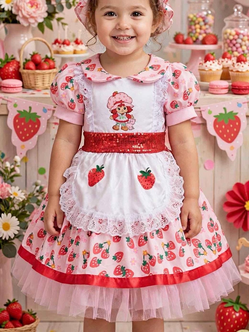 Strawberry shortcake dress costume pink dress bonnet sz 6 party girls